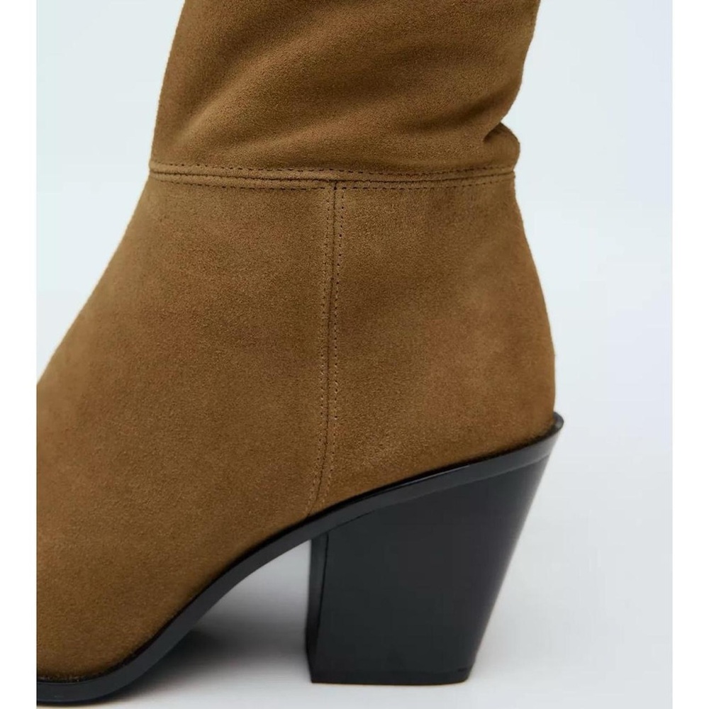 NWT Zara Suede Leather Stacked Heel Pointed Toe Western Boots in Camel Tan - 10 - Picture 3 of 8